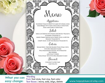 DiY Printable Wedding Menu Template - Instant Download - EDITABLE TEXT - Black and White Damask  5"x7" - Microsoft® Word Format HBC14n