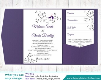 DiY Printable Pocket Wedding Invitation Template SET- Instant Download -EDITABLE TEXT- Tree Branch Love Birds - Microsoft® Word Format HB123