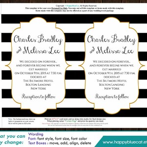 DiY Printable Wedding Invitation Template Instant Download EDITABLE TEXT Black & White Stripes, Gold Frame 5x7 MS®Word Format HBC7n image 2