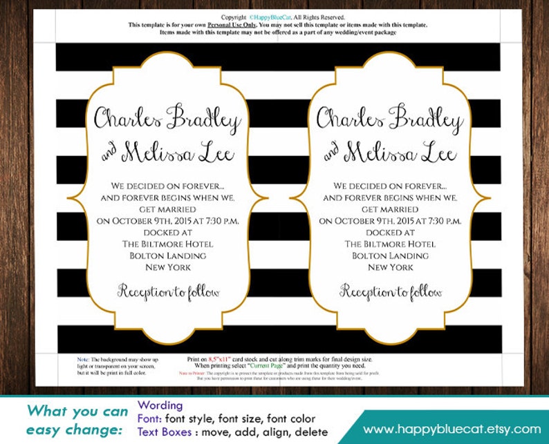 DiY Printable Wedding Invitation Template Instant Download EDITABLE TEXT Black & White Stripes, Gold Frame 5x7 MS®Word Format HBC7n image 2