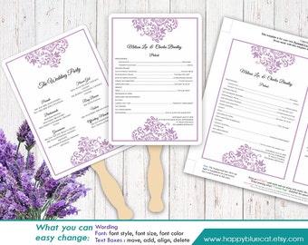 DiY Printable Wedding Fan Program Template - Instant Download - EDITABLE TEXT - Lavender Purple  5"x7" - Microsoft® Word Format HBC1n