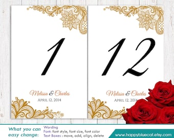 DiY Printable Table Number Card Template - Instant Download - EDITABLE TEXT - Rustic Gold Burlap Lace 4"x6" - Microsoft® Word Format HBC1