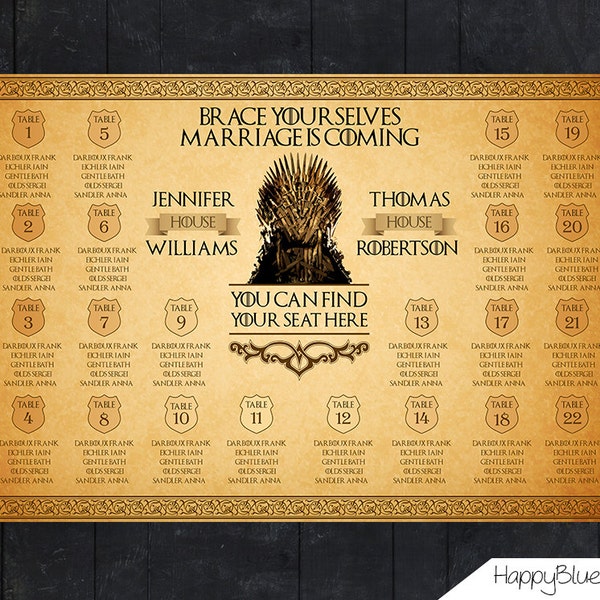 Wedding Seating Chart - Game Of Thrones - Westeros - Wedding Seating Chart Reception Poster - Digital Printable File HBC65