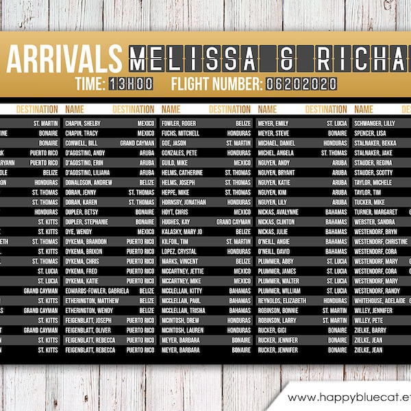 Tabla de asientos de boda - RUSH SERVICE - Travel Arrivals Airport Wedding Seating Chart Reception Poster - GOLD - Archivo digital imprimible HBC_NA
