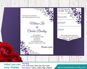 DiY Printable Pocket Wedding Invitation Template SET- Instant Download -EDITABLE TEXT- Floral Purple Lavender - Microsoft® Word Format HB102