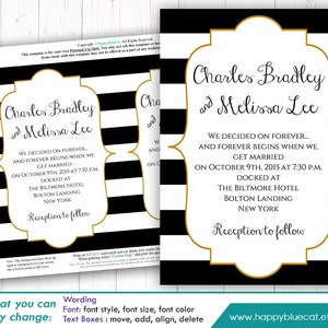 DiY Printable Wedding Invitation Template Instant Download EDITABLE TEXT Black & White Stripes, Gold Frame 5x7 MS®Word Format HBC7n image 1