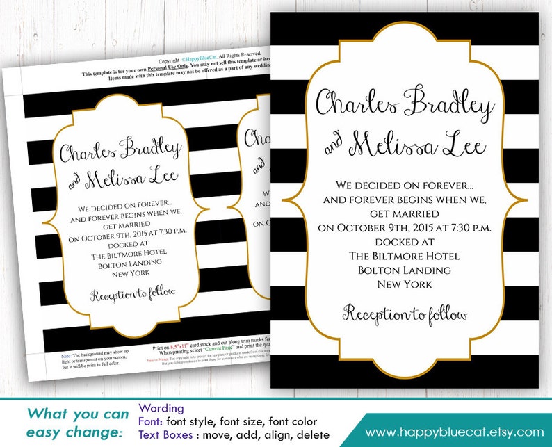 DiY Printable Wedding Invitation Template Instant Download EDITABLE TEXT Black & White Stripes, Gold Frame 5x7 MS®Word Format HBC7n image 1