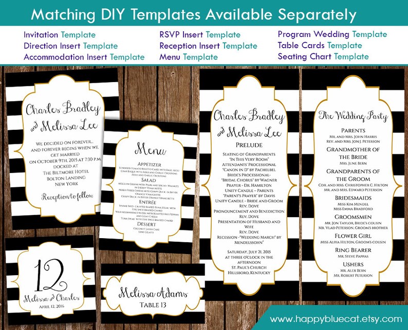 DiY Printable Wedding Invitation Template Instant Download EDITABLE TEXT Black & White Stripes, Gold Frame 5x7 MS®Word Format HBC7n image 3