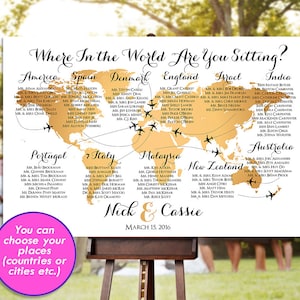 Hochzeit Sitzplan - RUSH SERVICE - Gold Weltkarte Flugzeug Reise Thema Empfang Poster - Digital Druckbare Datei HbC135b