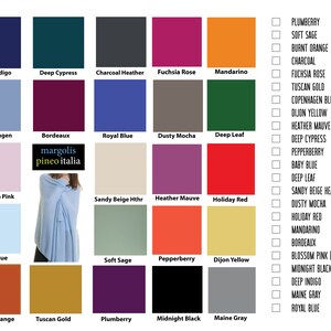 May include: Color chart with 16 different color swatches. The colors include deep indigo, deep cypress, charcoal heather, fuchsia rose, mandarin, copenhagen, bordeaux, royal blue, dusty mocha, deep leaf, blossom pink, sandy beige heather, heather mauve, holiday red, baby blue, soft sage, pepperberry, dijon yellow, burnt orange, tuscan gold, plumberry, midnight black, and maine gray.