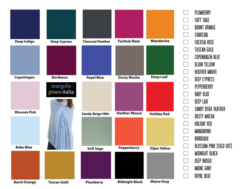 May include: Color chart with 16 different color swatches. The colors include deep indigo, deep cypress, charcoal heather, fuchsia rose, mandarin, copenhagen, bordeaux, royal blue, dusty mocha, deep leaf, blossom pink, sandy beige heather, heather mauve, holiday red, baby blue, soft sage, pepperberry, dijon yellow, burnt orange, tuscan gold, plumberry, midnight black, and maine gray.