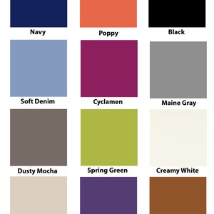 May include: A color chart with 12 different paint colors. The colors are: Navy, Poppy, Black, Soft Denim, Cyclamen, Maine Gray, Dusty Mocha, Spring Green, Creamy White, Soft Chestnut, Royal Purple, and Cognac.