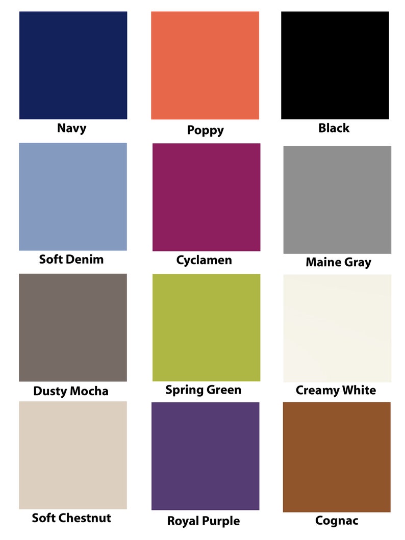 May include: A color chart with 12 different paint colors. The colors are: Navy, Poppy, Black, Soft Denim, Cyclamen, Maine Gray, Dusty Mocha, Spring Green, Creamy White, Soft Chestnut, Royal Purple, and Cognac.