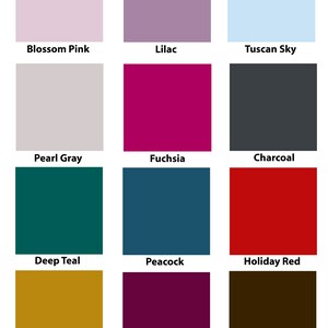 May include: A color chart with 12 different paint colors. The colors are: Blossom Pink, Lilac, Tuscan Sky, Pearl Gray, Fuchsia, Charcoal, Deep Teal, Peacock, Holiday Red, Tuscan Gold, Chianti, and Espresso.
