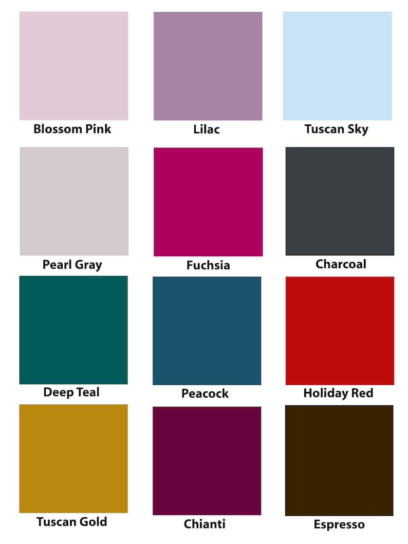 May include: A color chart with 12 different paint colors. The colors are: Blossom Pink, Lilac, Tuscan Sky, Pearl Gray, Fuchsia, Charcoal, Deep Teal, Peacock, Holiday Red, Tuscan Gold, Chianti, and Espresso.