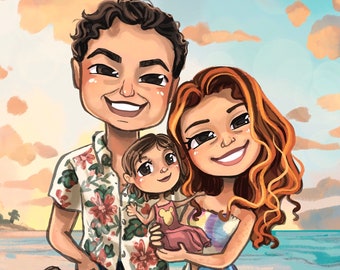 Chibi Family Portrait (COMPLEX Background): Custom Illustration Art Gift