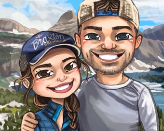 May include: A cartoon illustration of a couple in front of a mountain landscape. The woman is wearing a blue and white plaid shirt and a blue baseball cap with the text "Braxton Brewing" on it. The man is wearing a gray long-sleeved shirt and a beige baseball cap.