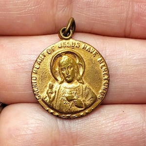 Antique Scapular Medal, Sacred Heart Jesus Holy Medals, OLO Mt Carmel, Brass, Catholic Jewelry, Protection