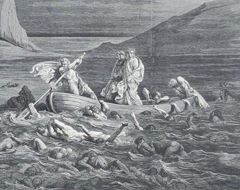 May include: A black and white print depicting a scene of figures in a boat navigating turbulent waters, surrounded by numerous figures in the water. The artwork features a detailed, dramatic style, with a mountainous backdrop and a cloudy sky.