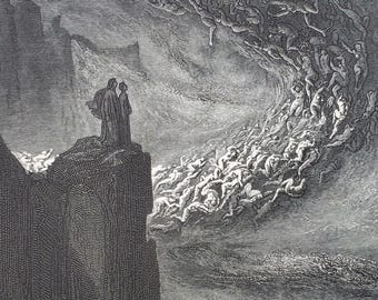 May include: A black and white illustration depicts two figures on a cliff overlooking a swirling mass of figures in the sky. The artwork has a dramatic, gothic style, with detailed shading and a sense of movement.
