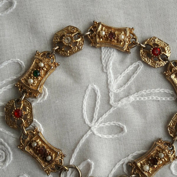 Victorian Style Bracelet, Vintage Sarah Coventry, Minuet 1972, Gold Tone Links, Multi Color Stones, Seed Pearls, Edwardian Costume Jewelry
