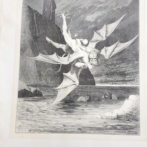 Antique Engraving, Gustave Dore, Two Demons Flying, Dante&#39;s Inferno Book, 14.5&quot; x 11&quot; Page, Original, Gothic Gore
