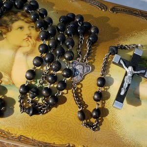 Antique French Rosary Only, Black Beads & Crucifix, Old Catholic Prayer Beads, Protection