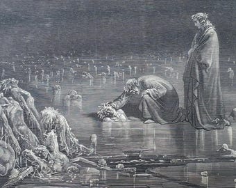 Antique Gustave Dore Art, Lake of Hell, Dante's Inferno 1866 Book Engraving 14.5"x11"