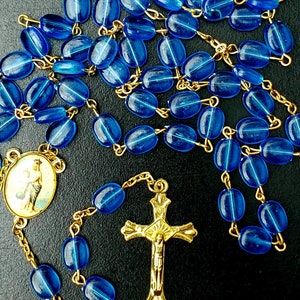Vintage Blue Rosary, Plastic Oval Beads, Virgin Mary & Jesus Center Medal, Catholic Prayer Beads