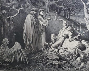 Antique Gustave Dore Art: Dante's Inferno Tree Spirits from 1866 Book Gothic Engraving 14.5"x11"