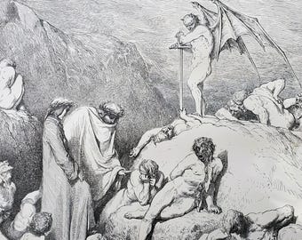May include: A black and white illustration depicting a scene with multiple figures. A winged demon stands with a sword, overseeing several nude figures. Two robed figures are in the foreground, and other figures are scattered across the rocky landscape.