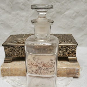 Vintage Glass Holy Water Bottle w/ Stopper & Added Label, Apothecary Jar, Chemist Bottles