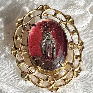 Vintage Virgin Mary Brooch, Our Lady of Grace, Bubble Red Medal, Gold Tone Filigree, Catholic Mother Gift