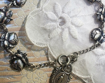Vintage Saints Bracelet, Rose Links, Scapular Medal, Catholic Jewelry, Protection
