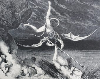 Antique Gustave Dore Art, Demon Pitchfork from 1866 Dante's Inferno Book Engraving, 14.5x 11"
