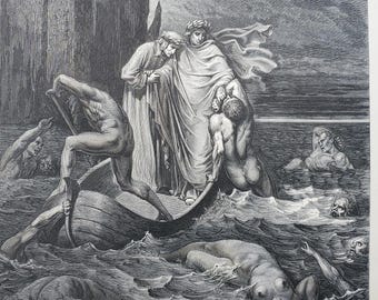 May include: A black and white illustration depicting a scene with figures in a boat and in the water. The artwork features detailed shading and dramatic lighting, with a focus on the figures' expressions and the turbulent sea.