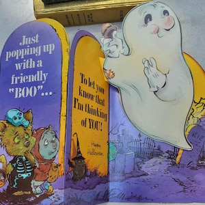 Vintage Halloween Card, 1983 Pop-Up Ghost Cards, Haunted Cartoon Graveyard, Halloween Collector