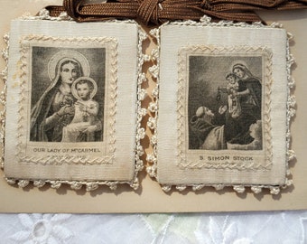 Vintage Brown Scapular, Handmade Cloth w/ Crochet Edge, Our Lady of Mt Carmel, Saint Simon Stock, Old Relics, Catholic Prayers & Devotion