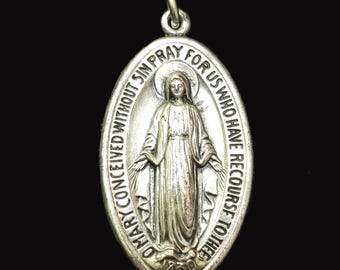 Large Vintage Miraculous Medal Pendant, Holy Medals, Catholic Women Jewelry, Blessed Mother Protection