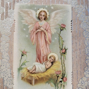 Vintage Holy Card, Baby Jesus Prayer Card, 3-3/8&quot;H, Birth of Jesus w/ Angel Gabriel, Christmas Prayer Cards of Christ in Manger, Ephemera