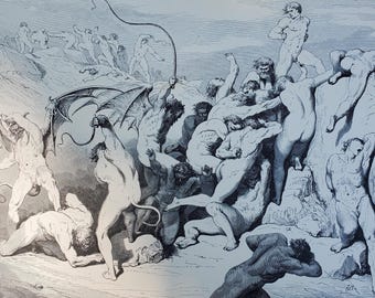 Antique Gustave Dore Art, Demons Whips from 1866 Dante's Inferno Book Engraving, 14.5x 11"