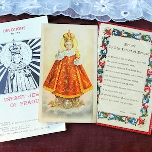 Trois cartes saintes vintage, jeu de cartes de prière pour l'enfant de Prague, dévotion à l'enfant Jésus, éphémères catholiques, prières de protection spirituelle