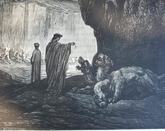 Antique Gustave Dore Art, Cerberus, 1866 Dante's Inferno Engraving Print, 14.5" x 11"