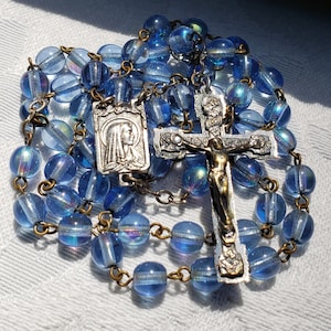 Vintage Blue Rosary, Glass Beads, Marian Devotion Protection, Catholic Prayer Beads, Religious Necklace, Round Blue Glass Rosaries