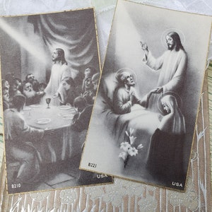 2 Vintage Jesus-Heilige Karten, Trost der Kranken mit Jungfrau Maria, & Letztes Abendmahl, katholische Gebetskarten