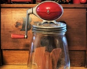 Vintage Dazey Butter Churn No 4, Red quot Football quot Top, Glass Jar, Hand Crank, 4 Quarts, Wood Paddles, Primitive Kitchen, Country Home Decor,