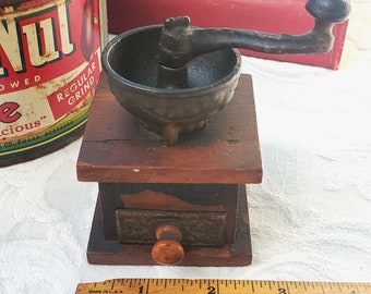 Antique Mini Coffee Grinder, 3-7/8"H, Toy Daisy 867, Miniature Kitchen Toys Hand Cranked, Wood & Metal, A.C. Williams Toys, Coffee Bar Decor