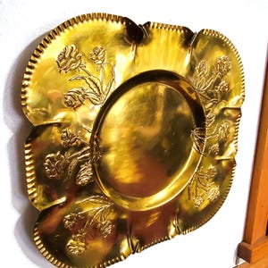 Vintage Brass Tray 12&quot; Square with Embossed Roses & Scalloped Edge, Square Brass Bowl, Platters