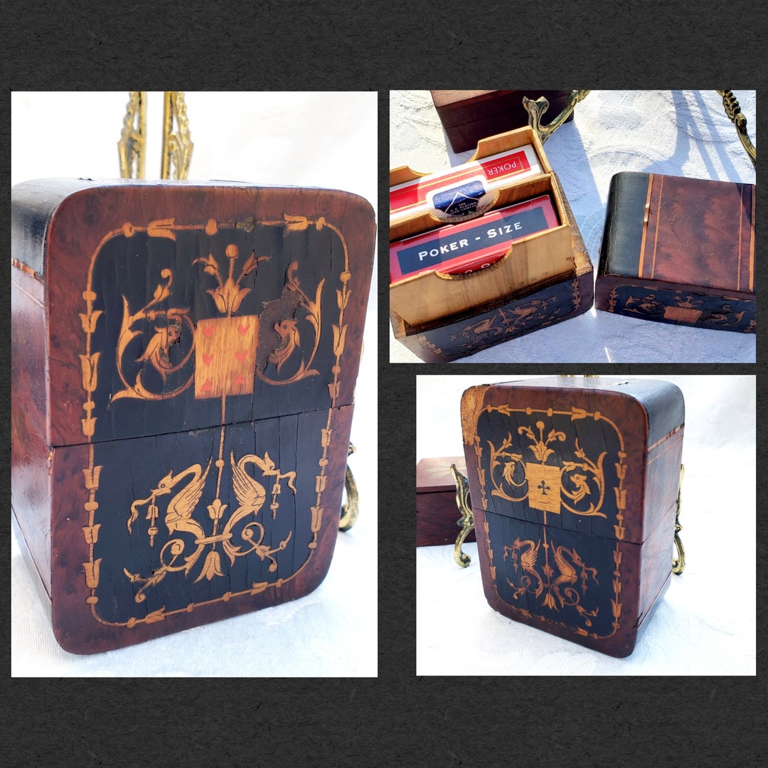 Antique Wood Playing Card Holder, Dragon Inlay Some Damage see Pics ...