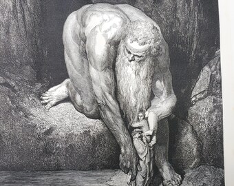 May include: A black and white illustration depicts a giant figure with a long beard, holding two smaller figures near a body of water. The giant is kneeling on a rocky surface, with detailed shading and texture.